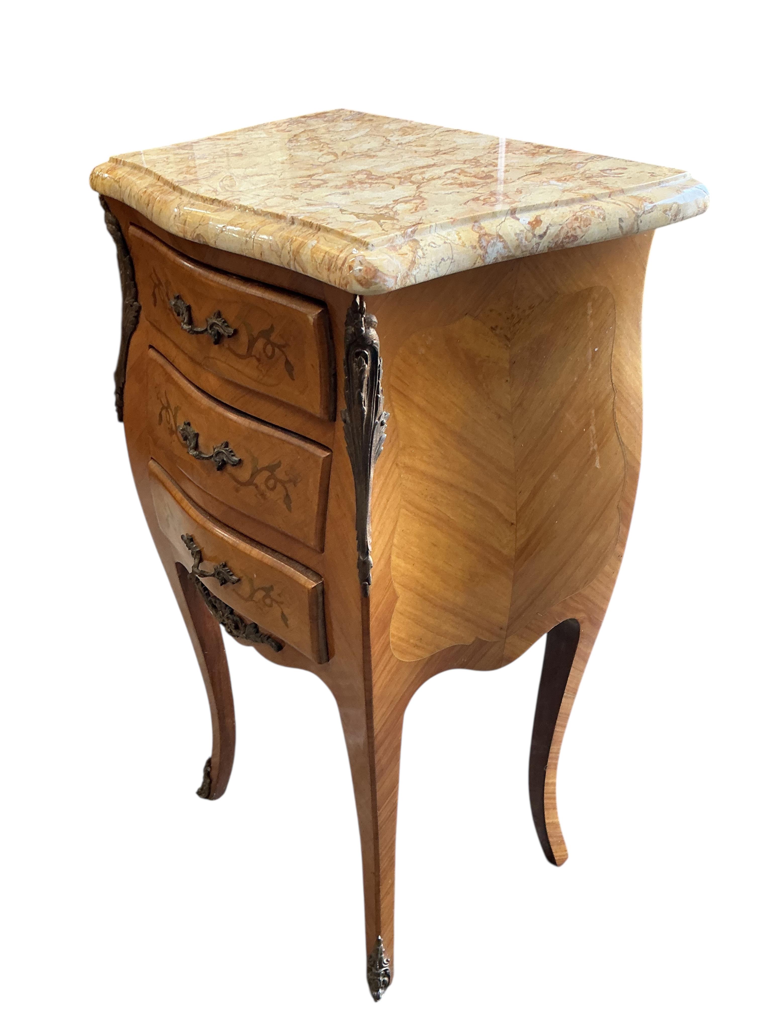 A pair of Louis XV style brass mounted bedside chests, width 42cm, depth 29cm, height 76cm